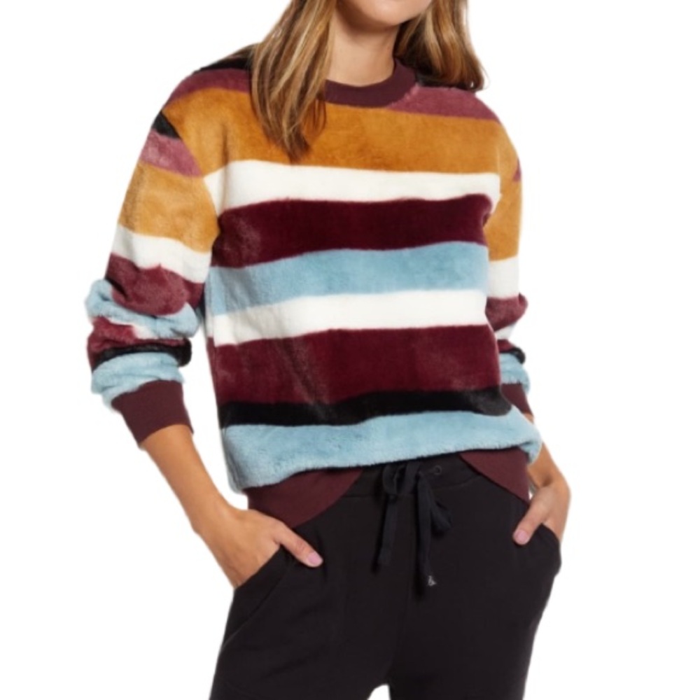 Lou‎ & Gray Faux Fur Striped Pullover Sweater Size Large Crewneck Ribbed Trim